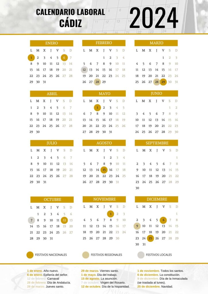 CALENDARIO LABORAL CÁDIZ 2024